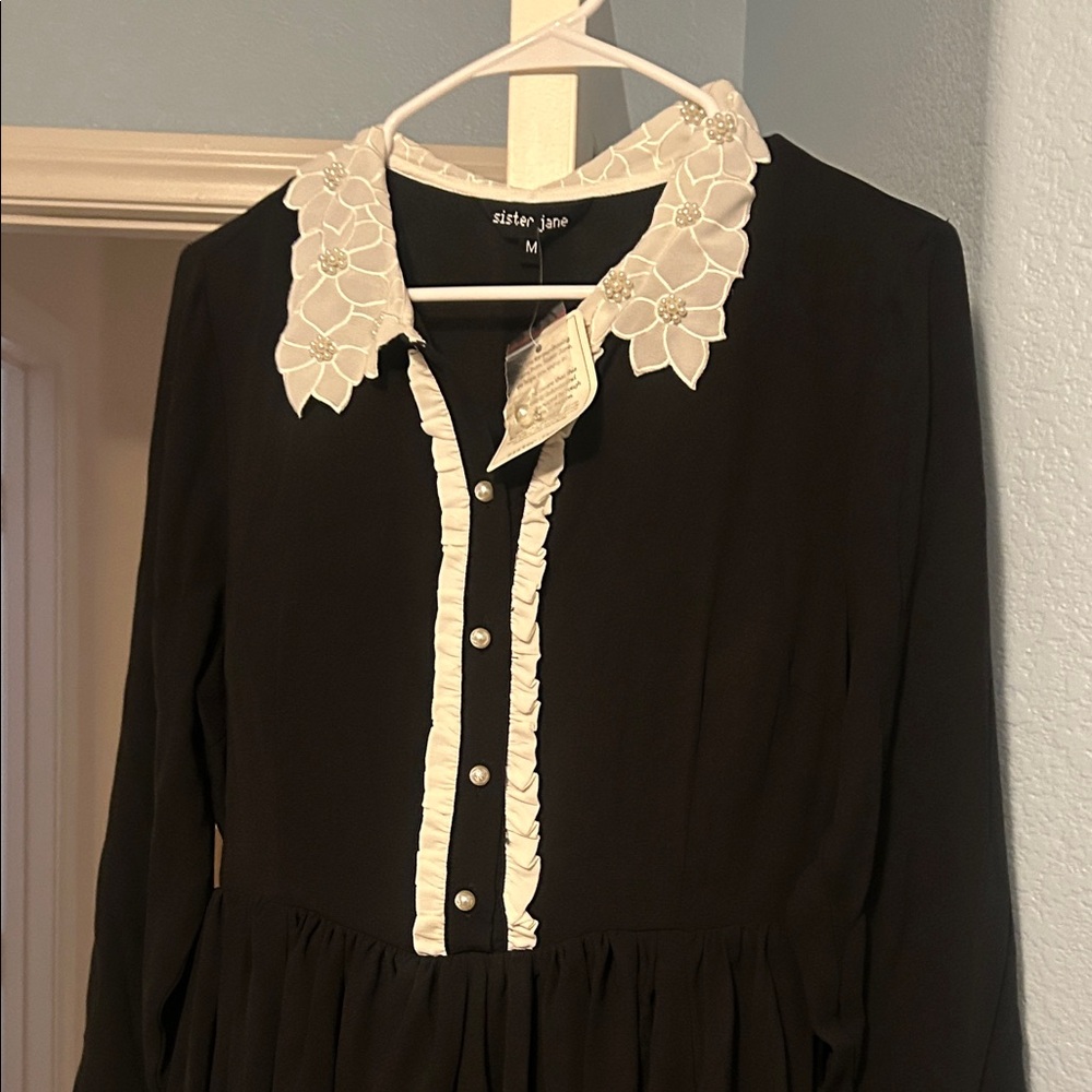 Sister Jane Black Long-Sleeve Dress with White Embroidered Collar